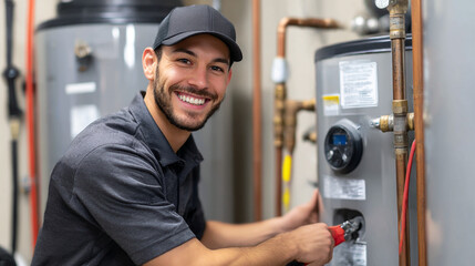 Happy plumber repairing water heater tank system installation service professional job man cap hot work home grey