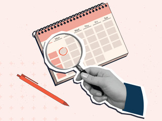 Hand with a magnifying glass look at the mark in calendar. Modern collage style. Vector illustration