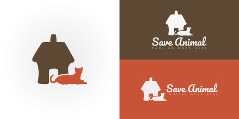 Fototapeta premium The comforting image features a stylized cat calmly resting beside its safe shelter. The simple outline of a house-like cage in warm brown conveys a sense of security and home.