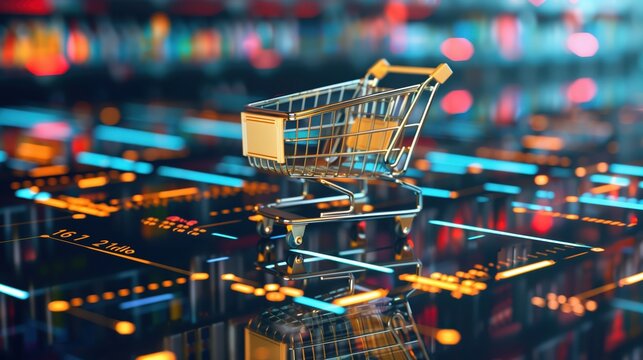 Miniature shopping cart placed on a virtual interface with glowing lines, representing online shopping and ecommerce - Powered by Adobe