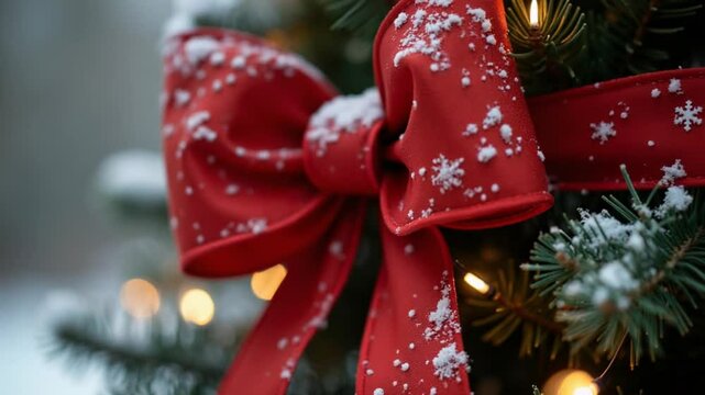 A large red holiday bow dusted with snow, decorating a Christmas tree with twinkling fairy lights in winter. The close-up captures the festive atmosphere and holiday spirit