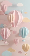 Pastel Hot Air Balloons and Clouds Floating in Dreamy Sky Artwork