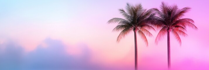 Two palm trees are standing in the foreground of a blurry, pinkish sky. The sky is filled with clouds, giving the scene a dreamy, ethereal quality