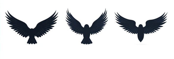 Three dark bird silhouette shapes with outstretched wings against white backdrop