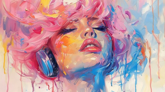 Woman wearing headphones, painting capturing musical bliss through vivid colors and expressive brushstrokes