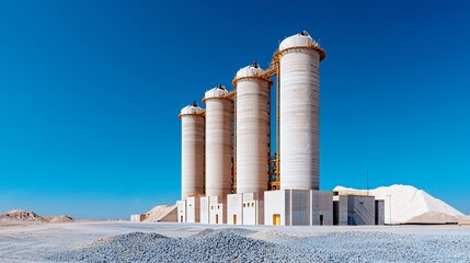 Obraz premium modern symmetrical cement factory viewed from the side, echoing shapes of chimneys and tanks, gravel foreground, industrial elements organized with precision