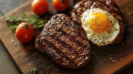 Grilled steak with fried egg and cherry tomatoes.