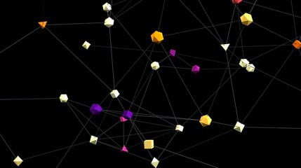 Colorful 3D shapes connected by lines, representing network, connection, or technology. Ideal for backgrounds and presentations.