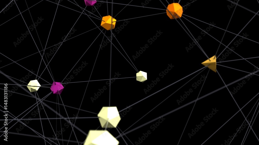 Aufkleber Stock photo of an abstract network with colorful polygons connected by lines. Perfect for technology, connection, and networking concepts.