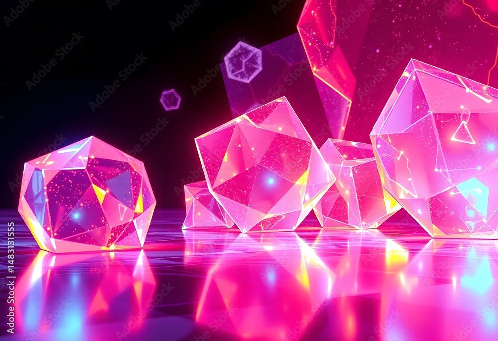 Leinwandbilder abstract holographic forms, glowing neon illumination, intricate 3d textures, and dynamic reflection