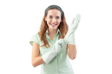 Smiling woman wearing rubber gloves for house cleaning and looking at the camera. Front view, isolated on white background. Concept of hygiene, domestic work, housekeeping, and home cleaning service