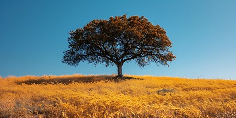 Obraz premium Majestic Oak Tree Stands Alone in a Golden Wheat Field under a Vivid Blue Sky, showcasing nature's beauty and serenity.