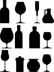 Elegant Wine Bottle and Glass Silhouette Set, Minimalist black silhouette of a wine bottle and two wine glasses. Perfect for bar, menu, party or celebration designs.