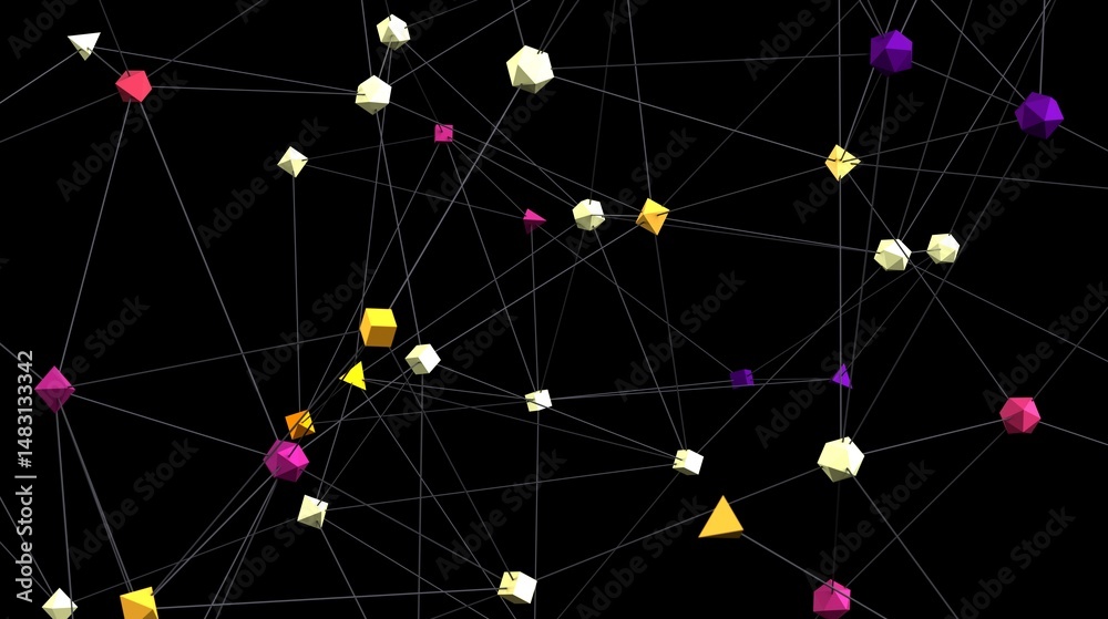 Leinwandbilder Stock photo of an abstract network with colorful 3D shapes interconnected.  Perfect for technology, connection, and networking concepts.