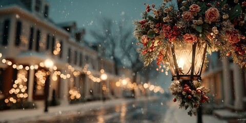 Charming street lamp with festive decorations glowing warmly in snowfall, surrounded by magical winter atmosphere and colorful bokeh lights in ultra detailed realistic style