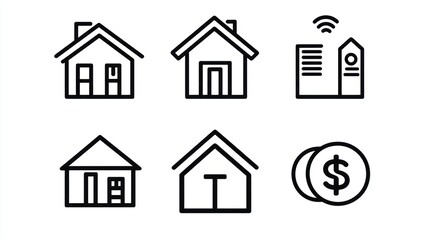 Icons of houses, smart home system, and money in line art style on white background