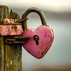 Pink heart padlock secured on rustic wooden fence post, blurred coastal background; love, romance, security concept