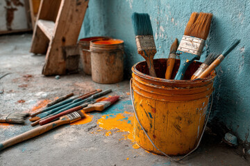 Bucket full of paint and brushes on artist's messy palette, surrounded by colorful splatters, in an art studio setting.