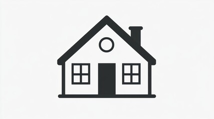 Fototapeta premium Black house icon gabled roof, chimney, round attic window, central door, two 4-pane windows