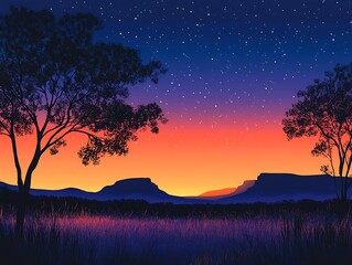 Fototapeta premium Silhouetted trees, colorful sunset over mountains. Dusk landscape. Stock photo