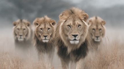 Fototapeta premium Majestic Lions Walking Together in Misty Grassland Landscape