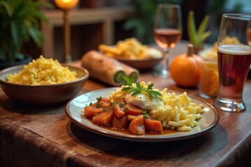 Table laden with symbolic foods for Passover Seder, bread, plate