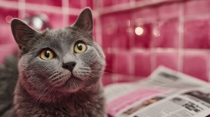 Curious Gray Cat with Bright Yellow Eyes in Pink Background Setting