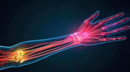 Medical illustration showing human arm bones and cardiovascular system with veins and arteries highlighted