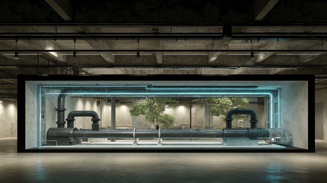 Cross-section render of a building core showing stacked mechanical floors with exposed HVAC ductwork, chilled water pipes, and vertical risers illuminated by cool white LED task lighting against