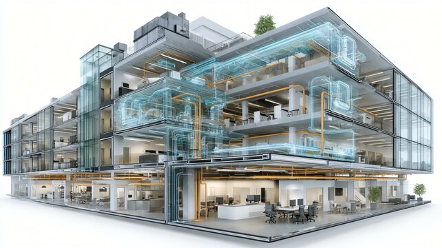Section cut of an office campus core showing basement chillers, rooftop air handling units, vertical supply and return duct risers within core walls, and service corridors with linear ceiling