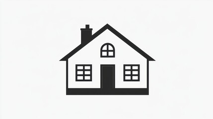 Fototapeta premium Simple black and white house icon with gable roof, chimney, and arched window