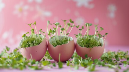 Microgreens growing in pink painted eggshells, with moss, on pink background with white flowers bokeh, for easter or spring