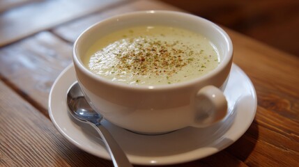Obraz premium Creamy soup in a white bowl, garnished with spices. A spoon rests on a matching saucer. Simple, elegant, and delicious!