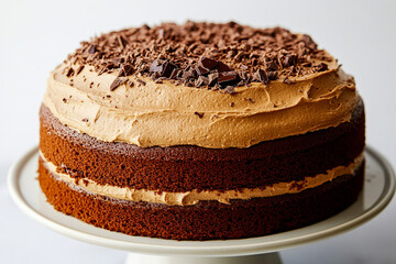 Decadent chocolate cake with rich frosting and chocolate shavings ready to be enjoyed at a family...