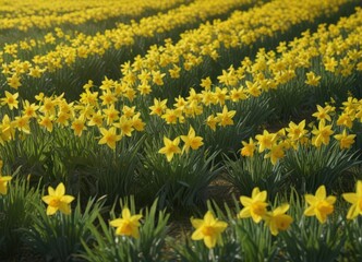 Sunlit daffodils burst forth in a vibrant yellow, creating a sea of color against a lush green field , bright yellow, field