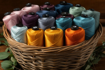 Colorful threads in a woven basket arranged neatly for sewing and crafting projects
