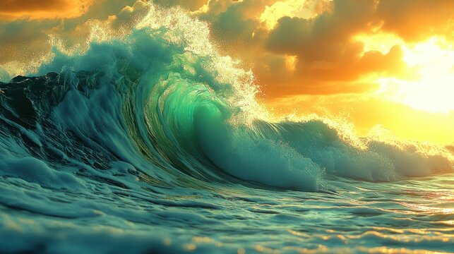 Majestic ocean wave crashing during a vibrant sunrise.