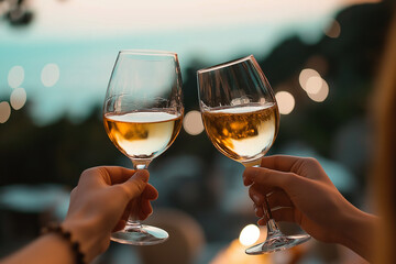 Celebrating a special moment with clinking glasses of white wine during a sunset gathering near the ocean