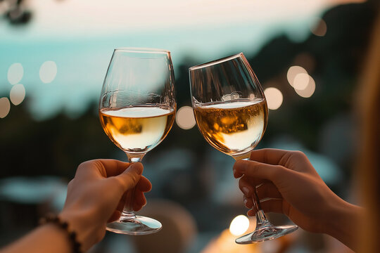 Celebrating a special moment with clinking glasses of white wine during a sunset gathering near the ocean