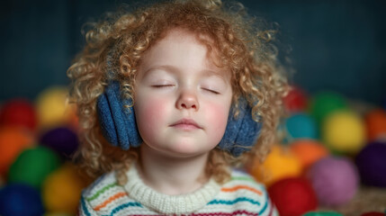 Child plays calmly with colorful balls while wearing noise-cancelling headphones