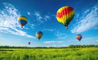 Obraz premium Colorful hot air balloons over a grassy field
