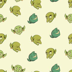 Cartoon Goblin Head Emotions Seamless Pattern