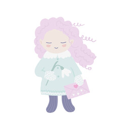 Joyful child holding a snowdrop and a love letter, cute character girl