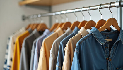 A row of men's shirts hanging on hangers.