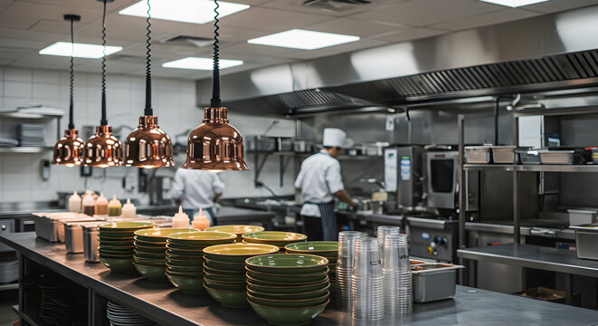 Well Lit Commercial Restaurant Kitchen Interior with Stainless Steel Fixtures Pots and Pans on Stainless Steel Counters and Chefs at Work