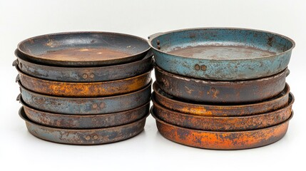 Fototapeta premium Two stacks of rusty, vintage metal pans.