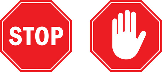 Red STOP Sign Icon Set, Hand Stop Symbol, Stop hand sign, Prohibition, Danger, Alert & Warning Signs, stock, isolated, Vector Illustration