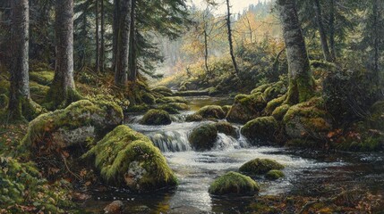 Obraz premium A tranquil forest stream scene, painted with autumnal light.