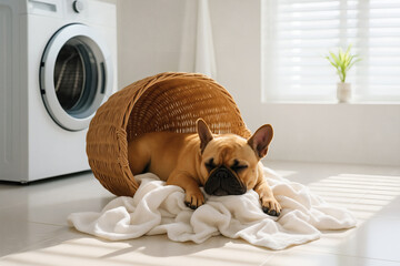 French Bulldog Sleeping on Laundry Spilled from Upside Down Basket in Bright Utility Room