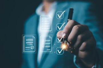 Business Performance Checklist Businessman Using Laptop Doing Online Checklist Survey On Computer...